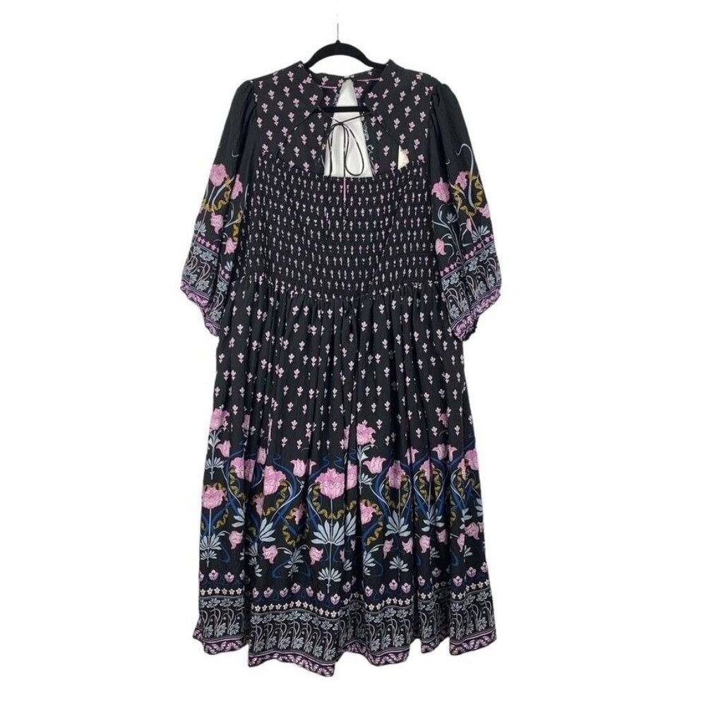 Black Floral Midi Dress with Pink Blooms